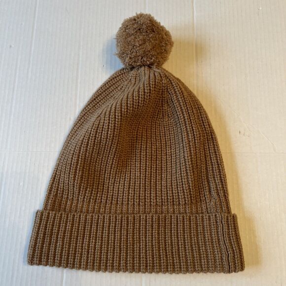 LUXTON Sz L Women\'s Ribbed 90%Wool 10%Cashmere Pom Pom Beanie Hat Camel NWOT